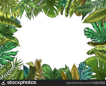 Green tropical leaves frame. Nature leaf border, summer vacation and jungle plants. Monstera and exotic palm tree leafs vector illustration. Palm exotic leaf, tropical floral copyspace. Green tropical leaves frame. Nature leaf border, summer vacation and jungle plants. Monstera and exotic palm tree leafs vector illustration