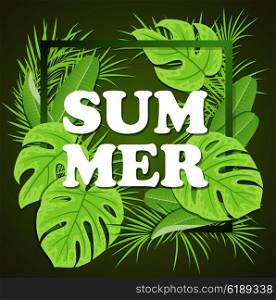 Green tropical leaves on a black background. Vector summer floral frame with tropical plants.