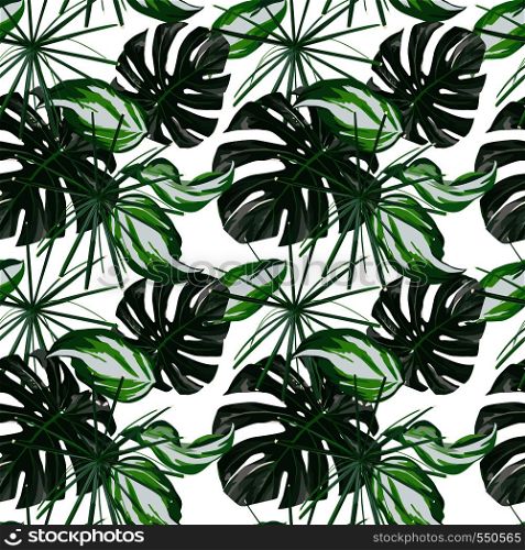 Green tropical leaves seamless composition on the white background. Vector pattern wallpaper