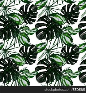 Green tropical leaves seamless composition on the white background. Vector pattern wallpaper