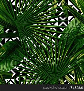 Green tropical leaves seamless on the geometric black white background