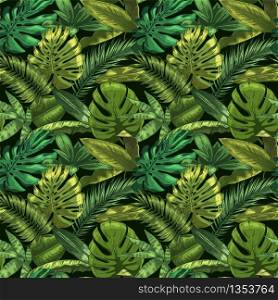 Green tropical leaves seamless pattern. Color monstera and tropic palm leafs, botanical garden floral vector illustration. Seamless exotic tropic, jungle green decoration. Green tropical leaves seamless pattern. Color monstera and tropic palm leafs, botanical garden floral vector illustration