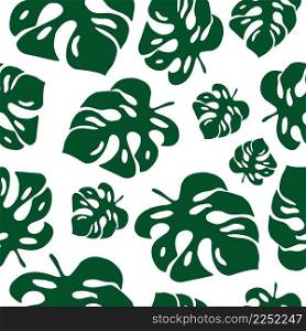 Green tropical monstera leaves on white background. Vector illustration. Seamless pattern.