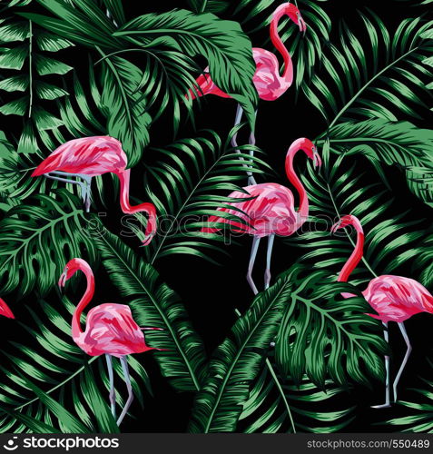 Green tropical palm banana leaves and beautifulexotic bird pink flamingo seamless vector pattern on the black background