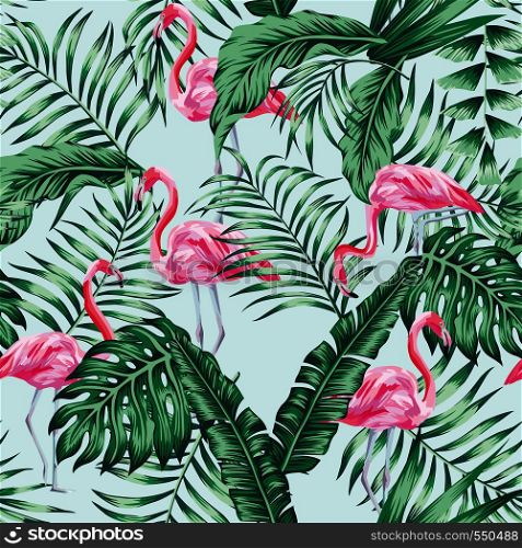Green tropical palm banana leaves and lovely exotic bird pink flamingo seamless vector pattern on the blue sky background