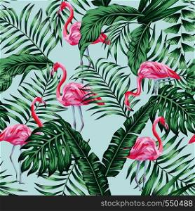 Green tropical palm banana leaves and lovely exotic bird pink flamingo seamless vector pattern on the blue sky background