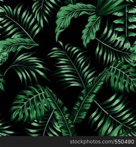 Green tropical palm banana leaves seamless vector pattern on the black background