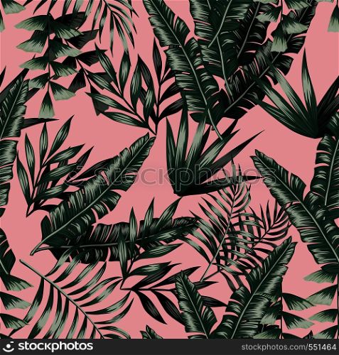 Green tropical palm banana leaves with shadow seamless vector patternon the pink background