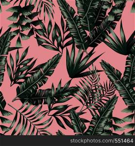 Green tropical palm banana leaves with shadow seamless vector patternon the pink background