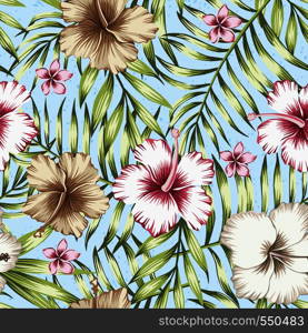 Green tropical palm leaves and pink, brown hibiscus exotic flowers. Trendy botanical pattern, realistic vector seamless composition on the light blue background