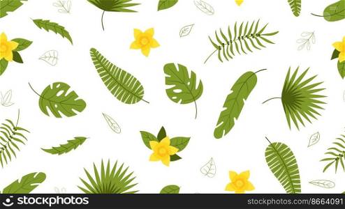 Green tropical plants, leaves and flower. Nature organic seamless pattern. Exotic leaf, bright summer forest elements vector texture. Illustration of floral flower, foliage garden spring. Green tropical plants, leaves and flower. Nature organic seamless pattern. Exotic leaf, bright summer forest elements vector texture