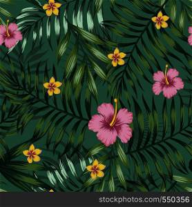 Green tropical seamless pattern leaves and flowers hibiscus plumeria. Beach vector illustration. Hawaiian background