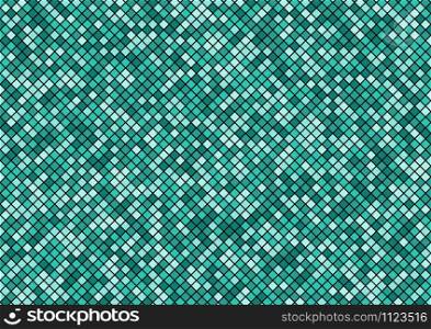 Green turquoise mosaic pixel seamless pattern on black background texture. Squares shapes repeating random color. Vector illustration