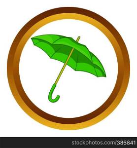 Green umbrella vector icon in golden circle, cartoon style isolated on white background. Green umbrella vector icon