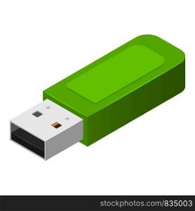 Green usb flash icon. Isometric of green usb flash vector icon for web design isolated on white background. Green usb flash icon, isometric style