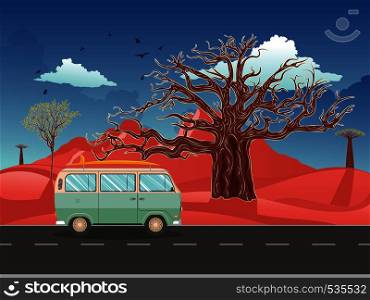 Green van traveling through red desert landscape.