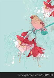 Green vector background with red flowers and bird