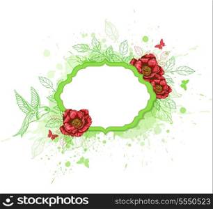 Green vector banner with red peony and bird