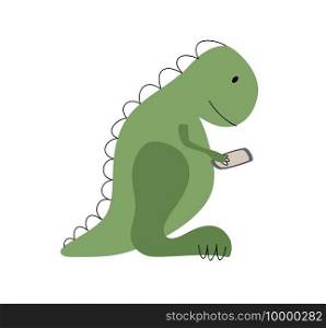 Green Vector Dino with smartphone. Cute Cartoon Hand Drawn Dinosaur Doodles scandinavian Illustration. For greeting card, t shirt baby, banner or poster.. Green Vector Dino with smartphone. Cute Cartoon Hand Drawn Dinosaur Doodles scandinavian kid Illustration. For greeting card, t shirt baby, banner or poster