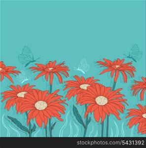 Green vector floral background with red gerbera and butterflies