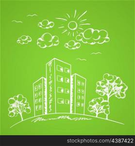 Green vector hand drawn background with house and trees