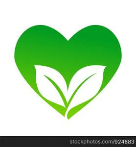 green vector icon with heart symbol and two leaves, eco concept, stock vector illustration