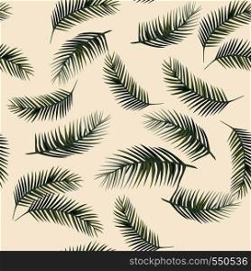Green vector palm leaves. Seamless design pattern on the beige background