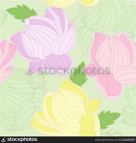 green vector seamless pattern with colored lotus