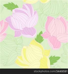 green vector seamless pattern with colored lotus