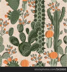 Green vector succulent cactus and orange flowers seamless pattern. Beach wallpaper. Cream background