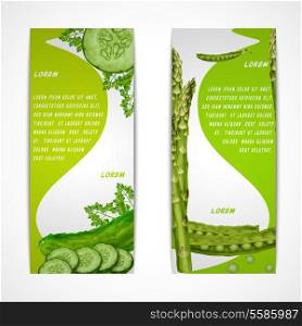 Green vegetable organic food vertical banners set with parsley peas cucumber isolated vector illustration