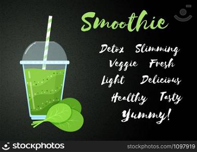 Green vegetable smoothie vitamin drink vector illustration. Big sign Smoothie on black background, glass, spinach leaves, filled with healthy green smoothies cocktail for drink energy landing page. Green vegetable smoothie vitamin spinach drink
