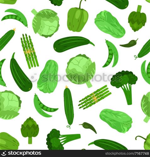 Green vegetables seamless pattern. Cabbage broccoli and cucumber. Vector vegetarian vegetable, zucchini and salad illustration. Green vegetables seamless pattern. Cabbage broccoli and cucumber