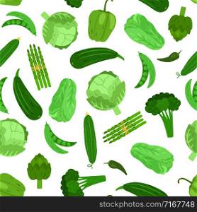 Green vegetables seamless pattern. Cabbage broccoli and cucumber. Vector vegetarian vegetable, zucchini and salad illustration. Green vegetables seamless pattern. Cabbage broccoli and cucumber