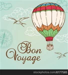 Green vintage background with air balloon flying in the sky. Hand drawn vector illustration.