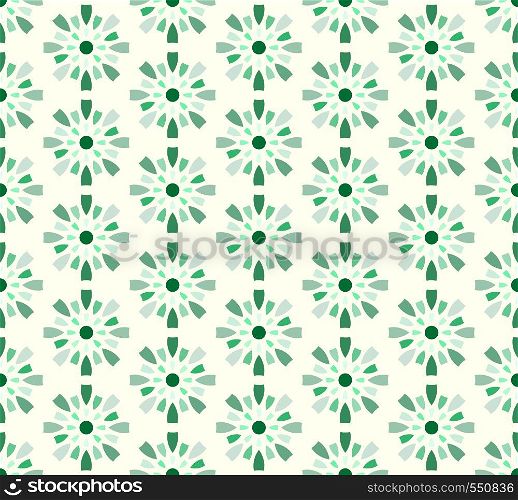 Green vintage explode and circle pattern on pastel background. Sweet symmetry cracker seamless pattern for modern or graphic design