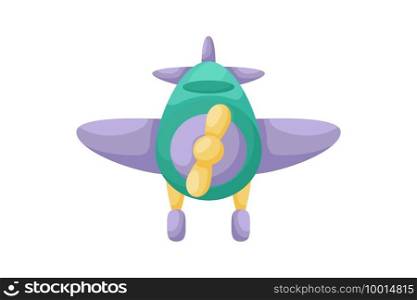 Green-violet airplane on white background. Cartoon transport for kids cards, baby shower, birthday invitation, house interior. Bright colored childish vector illustration in cartoon style.