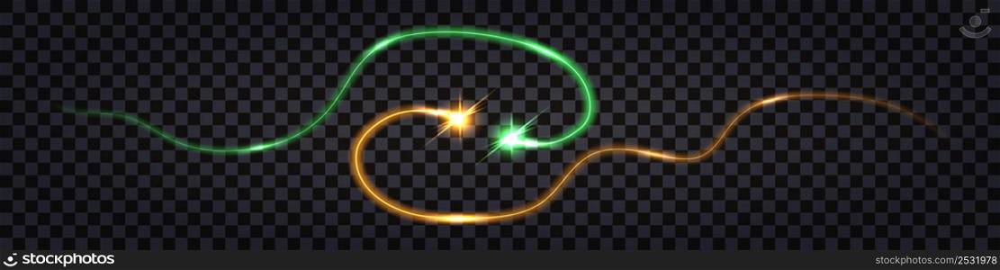 Green vs yellow elecgric thunder bolt. Impulse discharge with shock light glow effect. Wave swirl cable, shiny trail , isolated on dark transparent background. Vector illustration