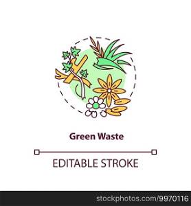 Green waste concept icon. Organic waste type idea thin line illustration. Refuse from garden. Biological fertilizer. Grass clippings, leaves. Vector isolated outline RGB color drawing. Editable stroke. Green waste concept icon