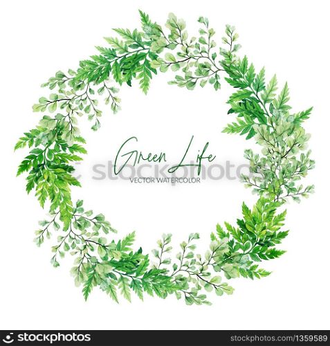 Green watercolor ferns wreath, hand drawn vector illustration, design template.