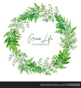 Green watercolor ferns wreath, hand drawn vector illustration, design template.