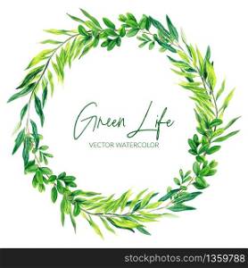 Green watercolor leaves and branches wreath, hand drawn vector illustration, design template.