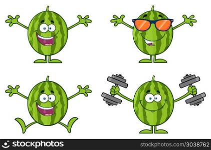 Green Watermelons Fruit Cartoon Mascot Character Series Set 2. Vector Collection Isolated On White Background