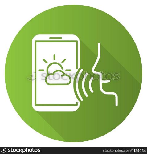 Green weather forecast voice search flat design long shadow glyph icon. Smartphone sound command idea. Meteorology app, mobile application. Audio request. Vector silhouette illustration