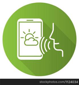 Green weather forecast voice search flat design long shadow glyph icon. Smartphone sound command idea. Meteorology app, mobile application. Audio request. Vector silhouette illustration