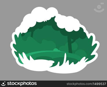 Green wild forest 2D vector web banner, poster. Wild landscape. Tree branches and leaves on bushes. Woods flat scenery on cartoon background. Rainforest printable patches, colorful web elements. Green wild forest 2D vector web banner, poster