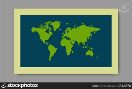 Green Worl map with shadow on blue background. Vector illustration.. Green Worl map with shadow on blue background. Vector illustration