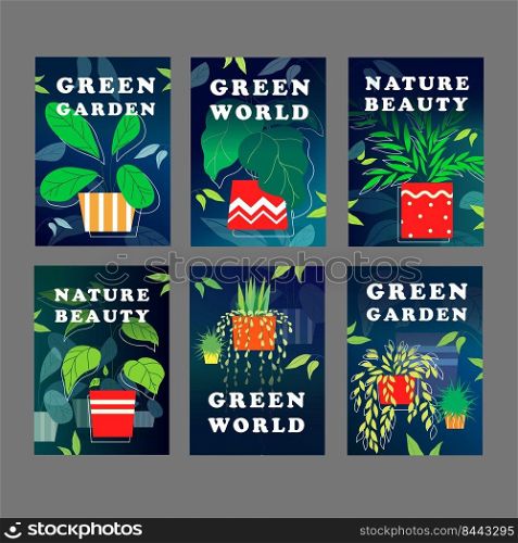 Green world flyer design set. Houseplants, home plants in pots vector illustration with text samples. Template for greenhouse posters or flower shop banners