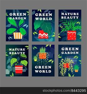 Green world flyer design set. Houseplants, home plants in pots vector illustration with text samples. Template for greenhouse posters or flower shop banners