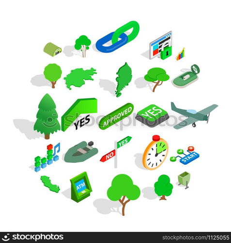 Green world icons set. Isometric set of 25 green world vector icons for web isolated on white background. Green world icons set, isometric style